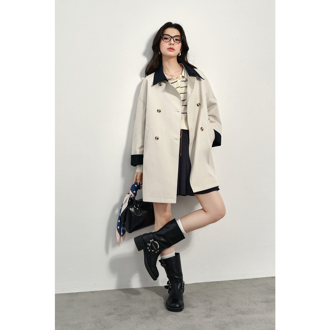 诗凡黎撞色翻领双排扣风衣2025春款外套3G2160141