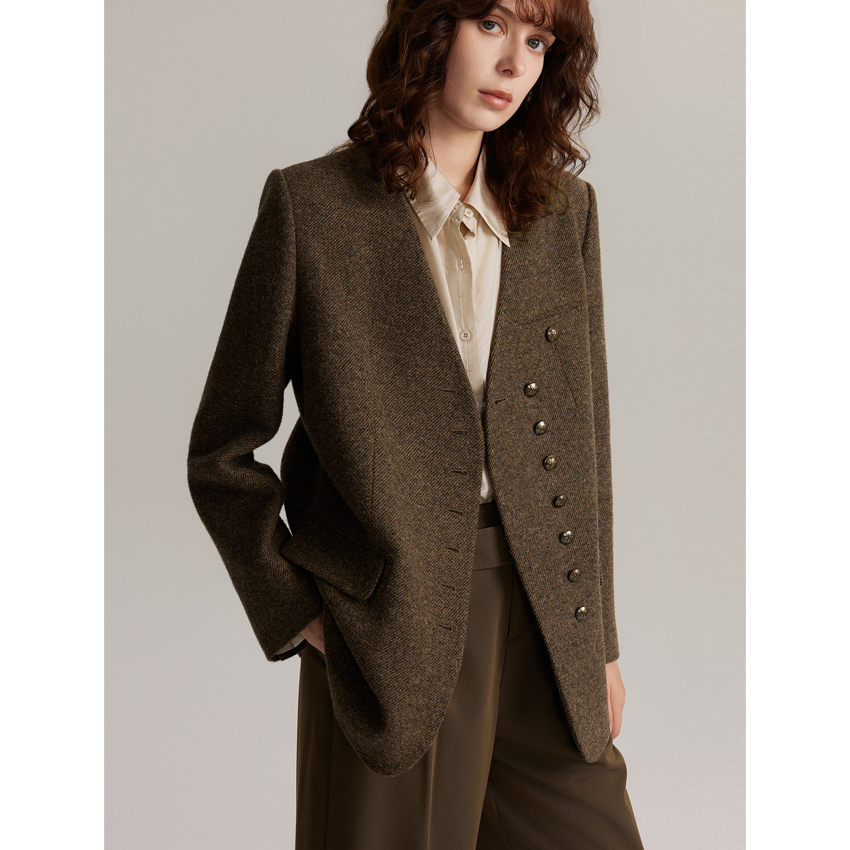 ELLE法式高级感绵羊毛西装外套女2024冬季小个子气质毛呢大衣