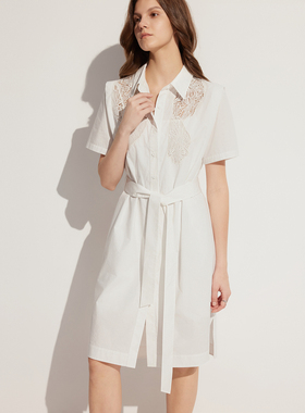 ELLE白色镂空绣花衬衫式连衣裙女2024夏季新款通勤风正式场合裙子EL48572