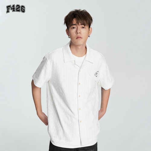 F426国潮牌情侣嘻哈夏季立体肌理条纹短袖衬衫BDCS24SS-5804