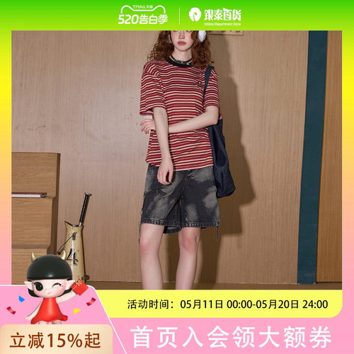 coolhut美式条纹宽松慵懒风复古2025夏季女式T恤撞色刺绣短袖