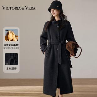 深灰色立领柔软质感剪裁 VICTORIA&VERA 系带收腰含羊绒长大衣 柔绒深灰叙 通勤 冬季