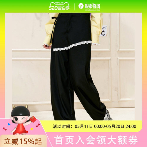 coolhut假两件拼接阔腿高腰宽松直筒女式休闲裤