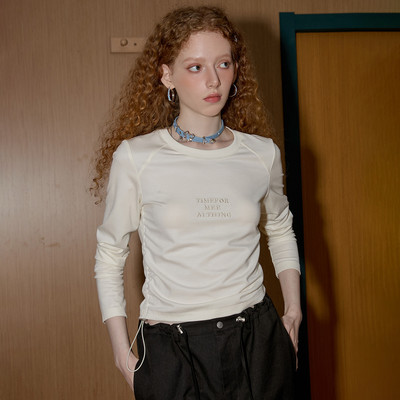 COOLHUT设计感抽绳简约短款显瘦2025春季女式T恤纯色字母圆领内搭