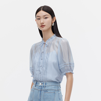三彩3COLOUR秋女优雅气质木耳边中袖短袖小衫S23310106C70
