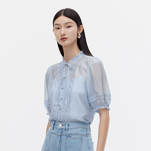 三彩3COLOUR秋女优雅气质木耳边中袖短袖小衫S23310106C70