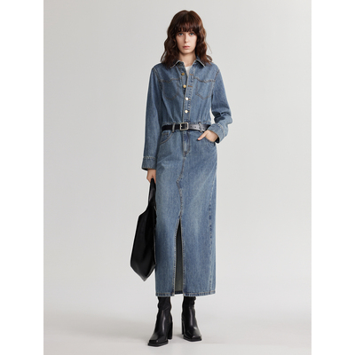 ELLE质感长款直筒裙2024年秋季款法式复古翻领开叉牛仔连衣裙EL48802