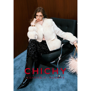 【90%鹅绒】CHICHY白色狐狸毛拼接短款羽绒服CW3B005254