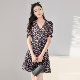 香影碎花雪纺连衣裙女2025夏装新款甜美可爱短袖高腰小个子a字裙