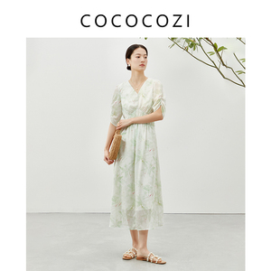 COCOCOZI雾面朦胧桑蚕丝印花短袖收腰连衣裙232CO028