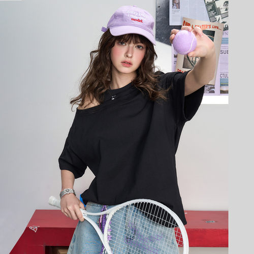 【商场同款】coolhut露肩短袖宽松2025夏女款T恤纯色基础纯棉