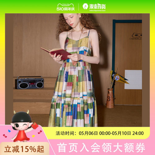 coolhut撞色拼接民族风吊带夏季连衣裙海边度假风褶皱中长款