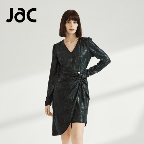 JAC女装春裙子长袖中长收腰不规则连衣裙ADC190091