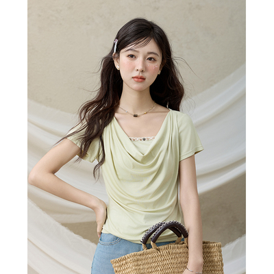 谜秀贝壳织带荡领小众短袖T恤女修身设计感气质上衣MXE33T0524