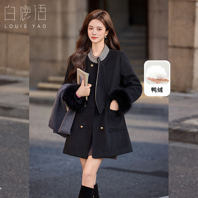 白鹿语赫本风毛呢羽绒服25秋冬新款高级感气质双排扣加厚外套WBX20039