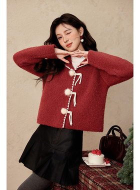 谜秀撞色包边红色翻领毛衣外套MXD58Z1034