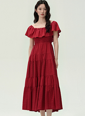 pit红色一字肩连衣裙女2024夏季新款收腰法式茶歇裙子无袖连衣裙104B420964