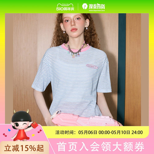 coolhut撞色条纹圆领短袖宽松2025夏季女式T恤少女字母刺绣潮