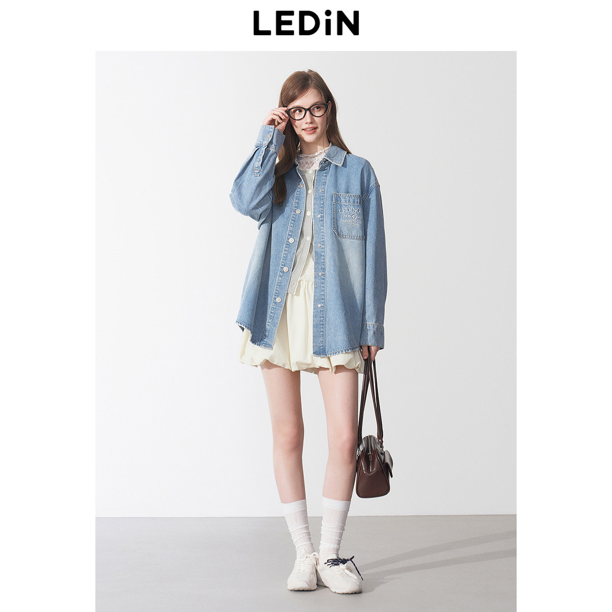 乐町韩系清甜水洗衬衫牛仔外套2025春季口袋绣花设计上衣