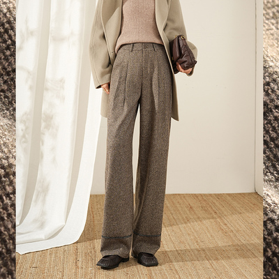 白鹿语时尚气质脚口花边长裤25冬款高腰捏褶设计简约休闲裤女HX20049