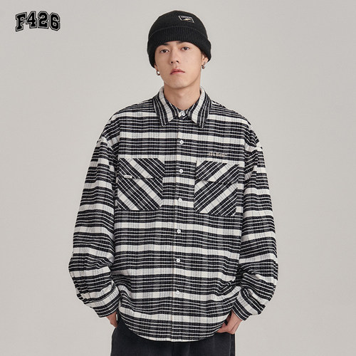 F426国潮牌春季美式情侣嘻哈宽松雪尼尔绒面格子衬衫BDCS23SS-4937
