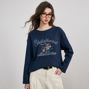 春季 Basic 卡通印花圆领T恤女 百家好美式 显瘦打底上衣 House