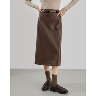 曼贝法式高腰半身裙2024款哑光皮裙大码时尚女装8464203