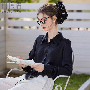 衬衫 白鹿语下摆拼接花边衬衣2025春季 正肩长袖 纯色翻领长袖 女WBY20033 款