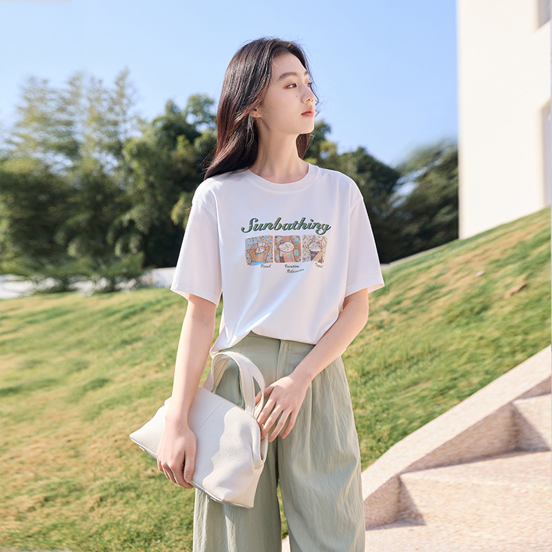 香影白色t恤女短袖2025夏装新款慵懒风宽松字母卡通猫咪减龄上衣