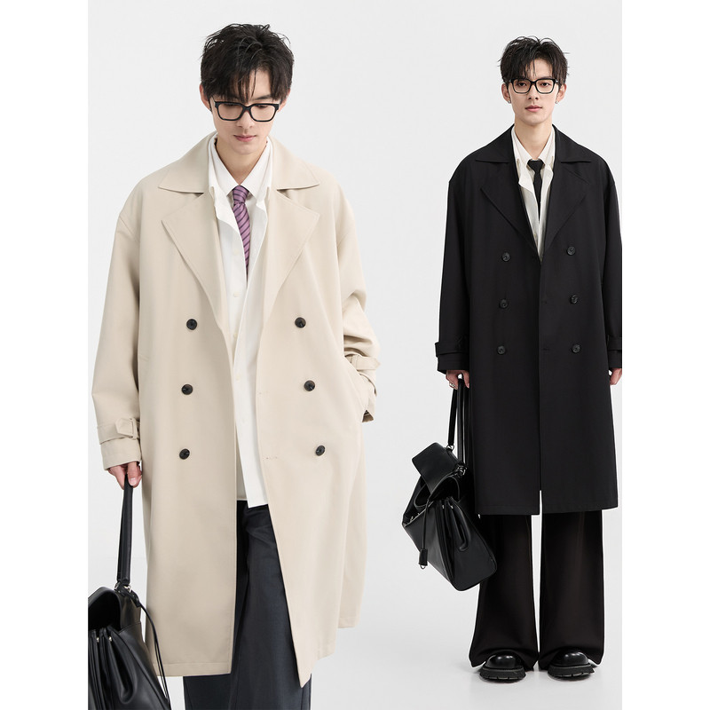 【25春季】BJZE男装英伦经典风双排扣风衣中长款韩版宽松外套