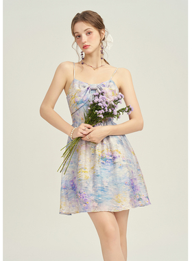 谜秀高级感油画风吊带夏季女收腰连衣裙MPD21L1875