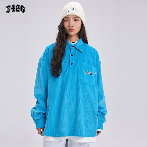 F426国潮牌情侣街头嘻哈宽松天蓝色灯芯绒polo长袖衬衫BDCX22SS-3077