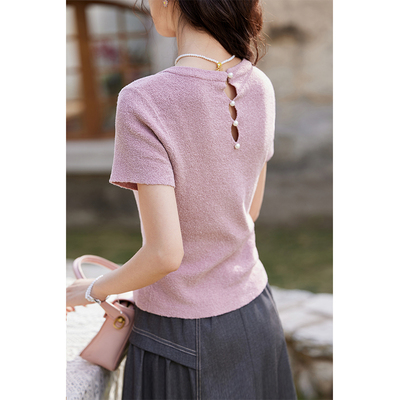 谜秀春季修身极简后背镂空短袖针织MXE13Z1072