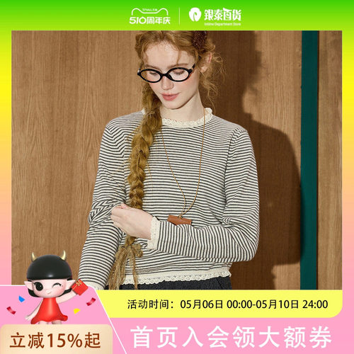 coolhut花边拼接条纹短款上衣休闲圆领女式打底衫