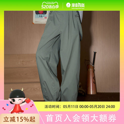 COOLHUT美式复古休闲工装高腰阔腿垂感2025春季女式休闲裤背带裤抽绳