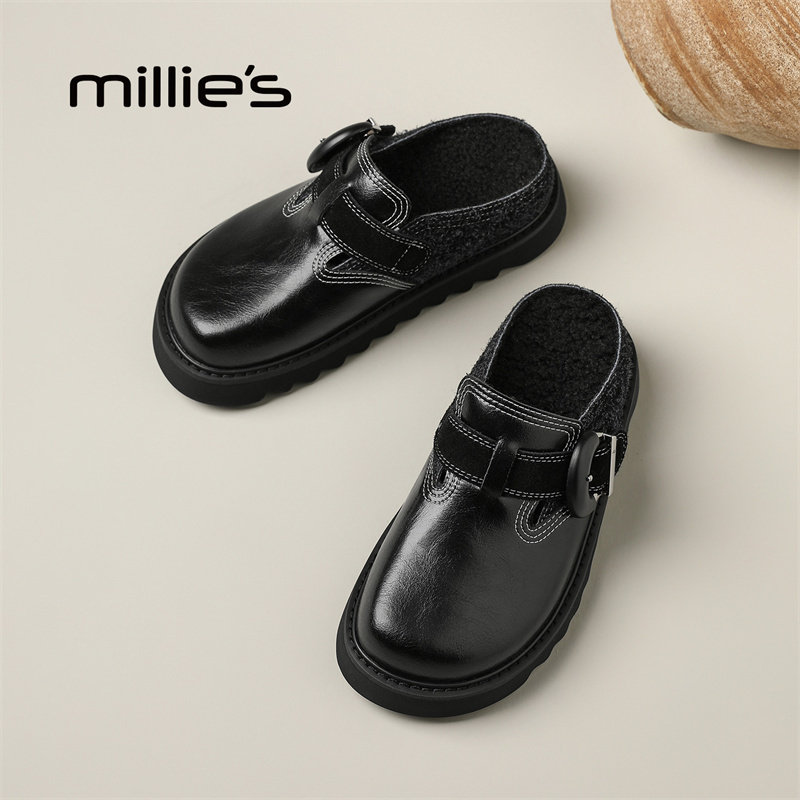 MILLIE'S/妙丽半拖鞋厚底勃肯鞋女秋冬季日系软底加绒大头鞋