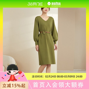 曼贝绿色知性大气V领连衣裙