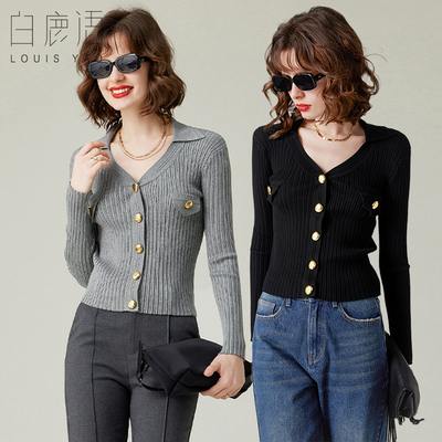 白鹿语时髦纸片人坑条上衣25秋款简约气质翻领套头女针织衫HL20008