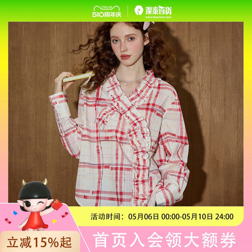 coolhut2025夏季法式双层花边格纹慵懒风长袖遮阳女式衬衫