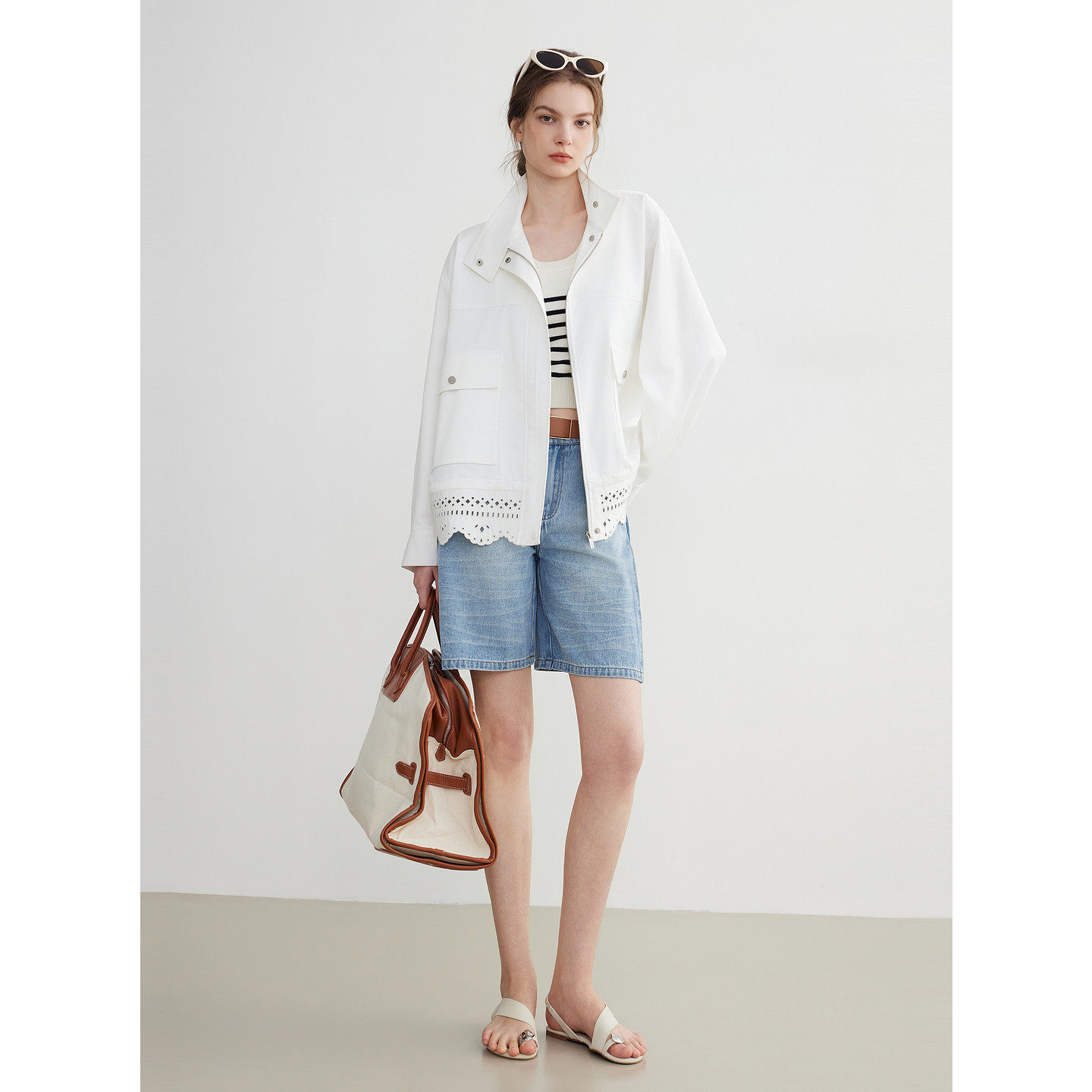 ELLE白色工装风拼接立领短外套女2026春季高级感通勤上衣