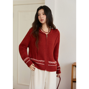 谜秀复古红色毛衣女秋冬款连帽拉链撞色条纹慵懒风针织衫女MXE51Z2697