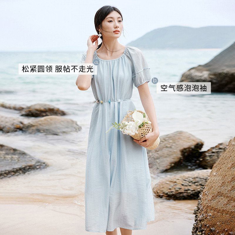 香影蓝色连衣裙女夏2025淡人穿搭法式泡泡袖海边度假裙子L85S648