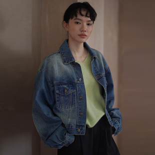 哈齿小姐 重回80年复古磨白柔软水洗高克重长绒棉宽松牛仔外套女
