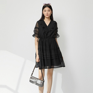 sdeer圣迪奥女装V领风琴褶荷叶边收腰泡泡袖连衣裙S23281215