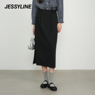 杰茜莱黑色显瘦半身裙女2025秋中长款直筒裙子 jessyline