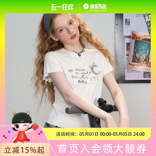 coolhut甜美蝴蝶结印花短袖T恤女2025夏新款蕾丝花边白色显瘦上衣