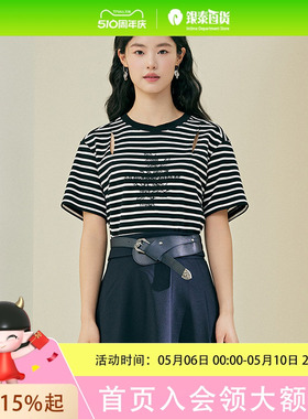 pit  2024夏装女士简约时尚条纹镂空短袖圆领T恤103C420619