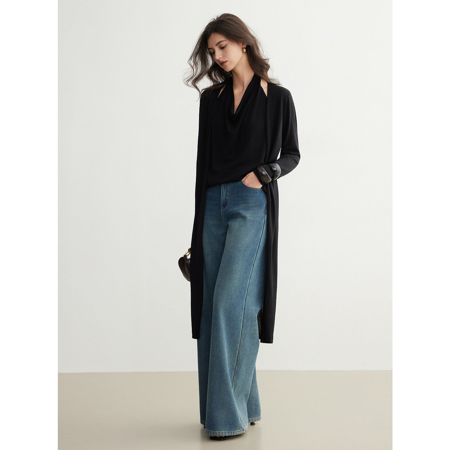 ELLE假两件挂脖针织套衫女2026春季设计感长款开衫外套