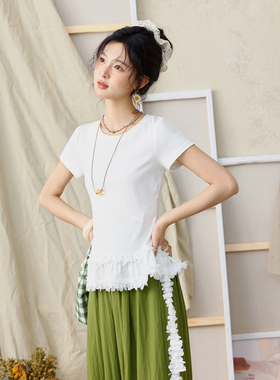 谜秀白色荷叶边T恤女圆领宽松显瘦棉质短袖MXE34T0557