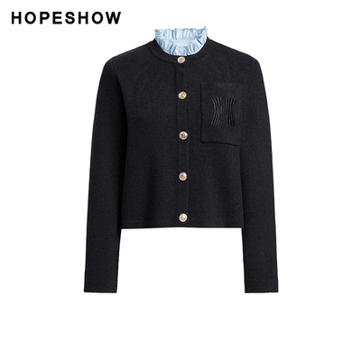 红袖商场同款HOPESHOW字母绣针织开衫春季2024新款女装木耳边上衣89624470108